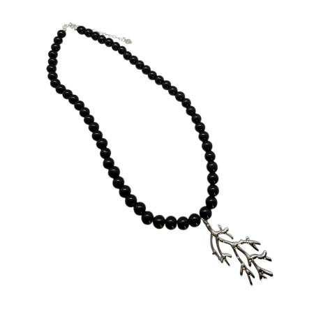necklace black natural stone and silver sea plant1